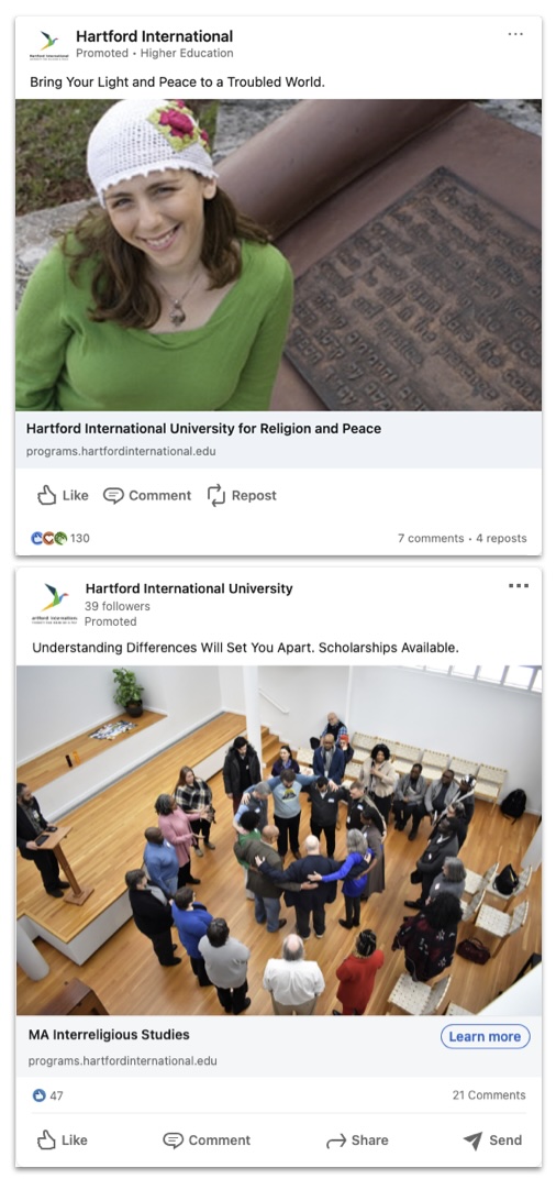Screenshot of Hartford International landing pageAds we placed on LinkedIn