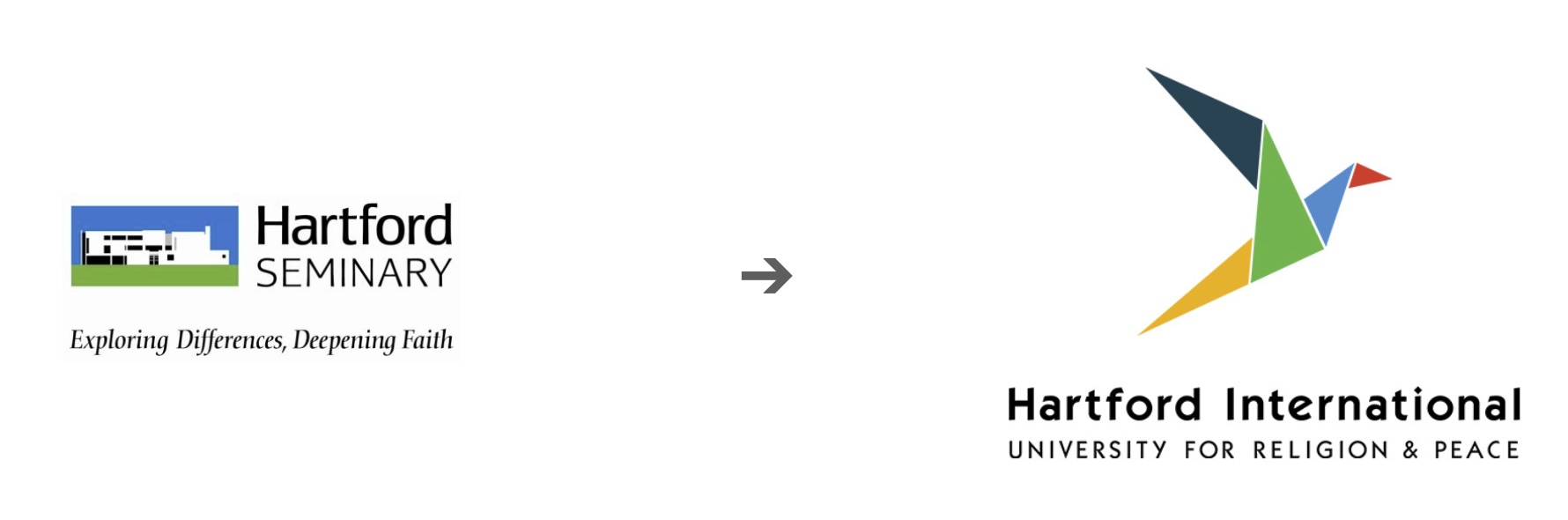 Hartford's logo was updated from Hartford Seminary to Hartford International, using an ascending dove